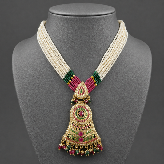 Heritage Jadau Gold Plated Necklace & Earring Set | Multi-Strand Pearls