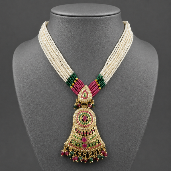 Heritage Jadau Gold Plated Necklace & Earring Set | Multi-Strand Pearls