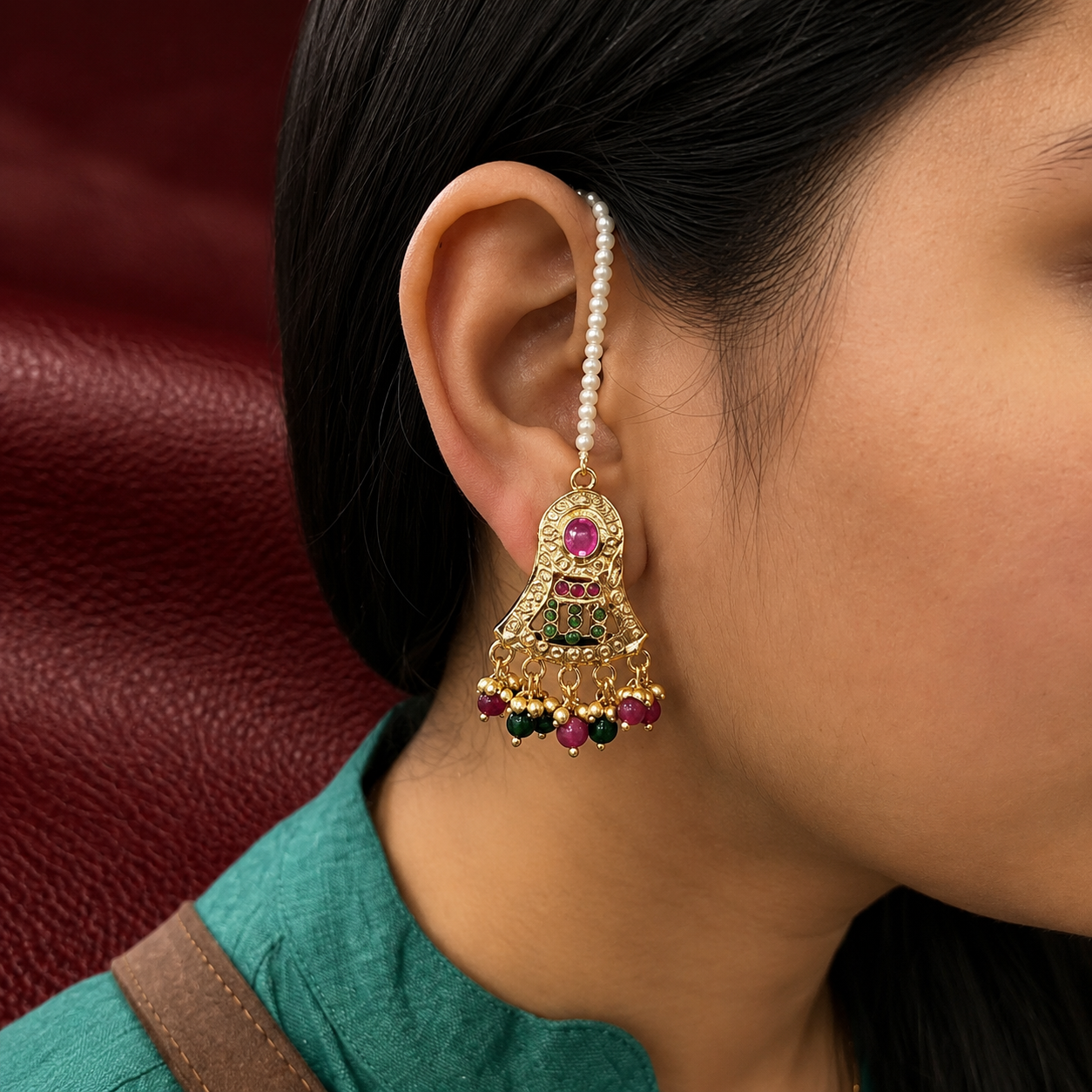 Heritage Jadau Gold Plated Necklace & Earring Set | Multi-Strand Pearls