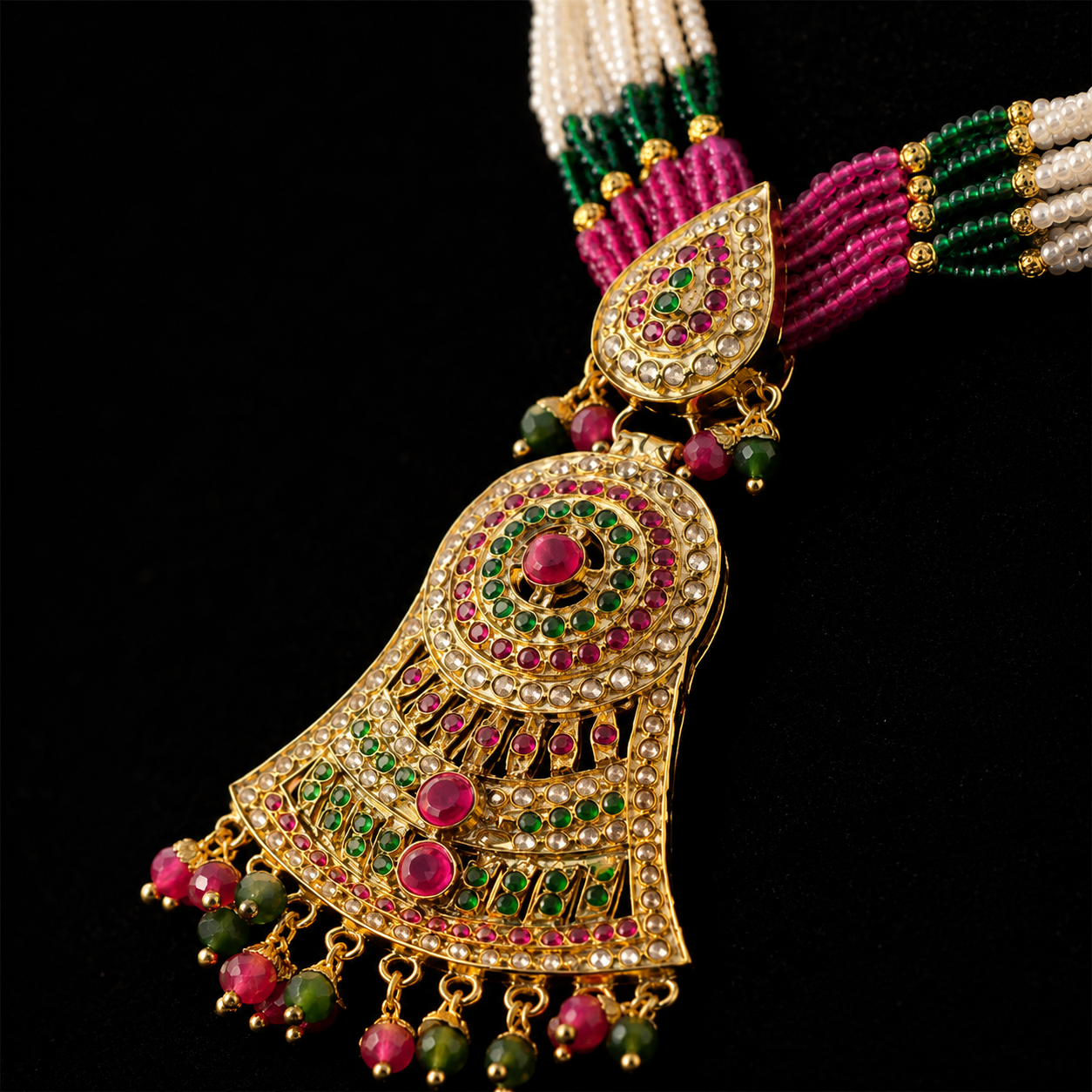 Heritage Jadau Gold Plated Necklace & Earring Set | Multi-Strand Pearls