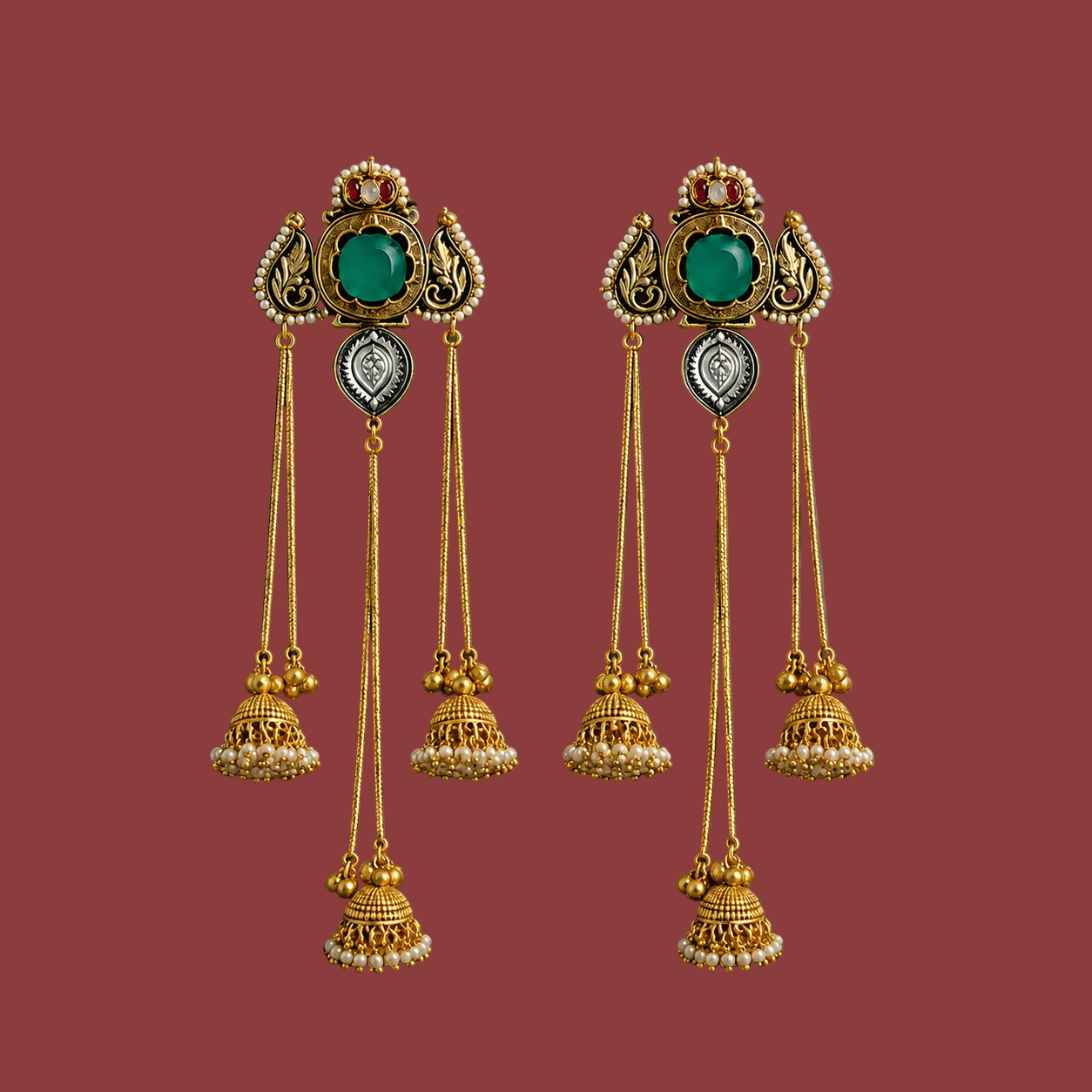 Kashmiri Style Dual-Tone Long Chain Jhumkis with Emerald Stones