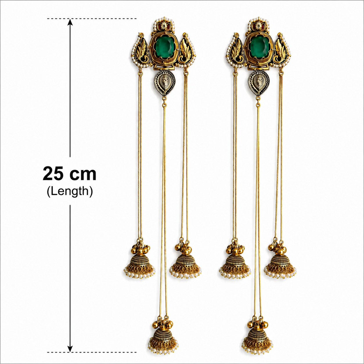 Kashmiri Style Dual-Tone Long Chain Jhumkis with Emerald Stones