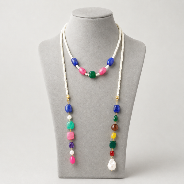 Boho Single Strand Handcrafted Long Lariat Necklace With Multicolor Gemstone Beads