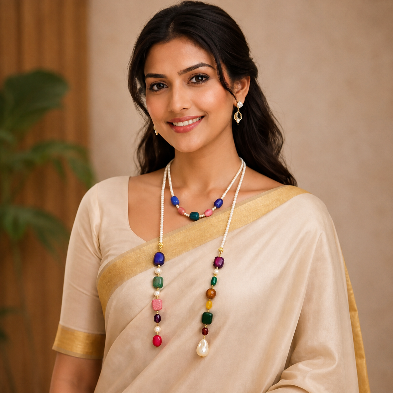 Boho Single Strand Handcrafted Long Lariat Necklace With Multicolor Gemstone Beads