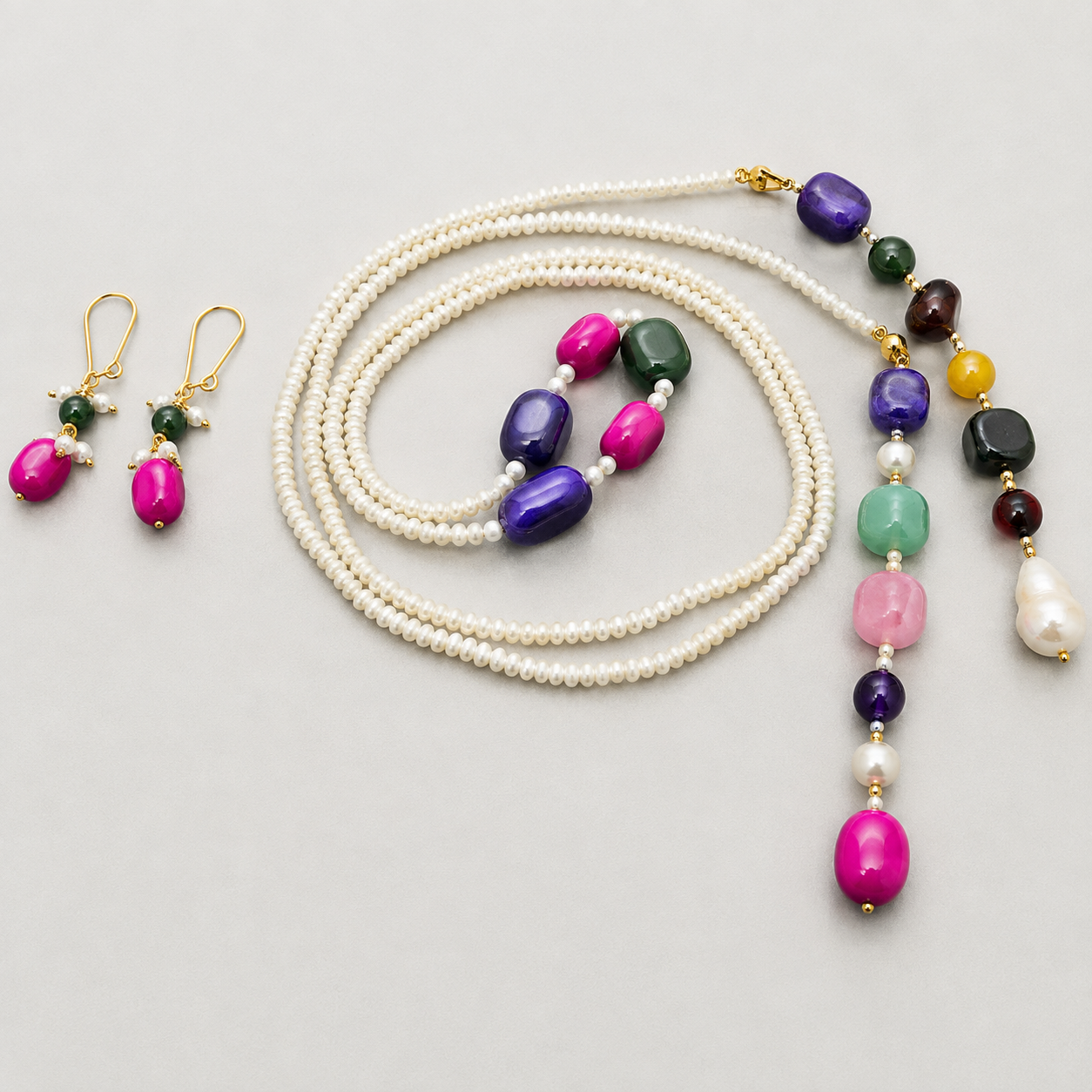 Boho Single Strand Handcrafted Long Lariat Necklace With Multicolor Gemstone Beads