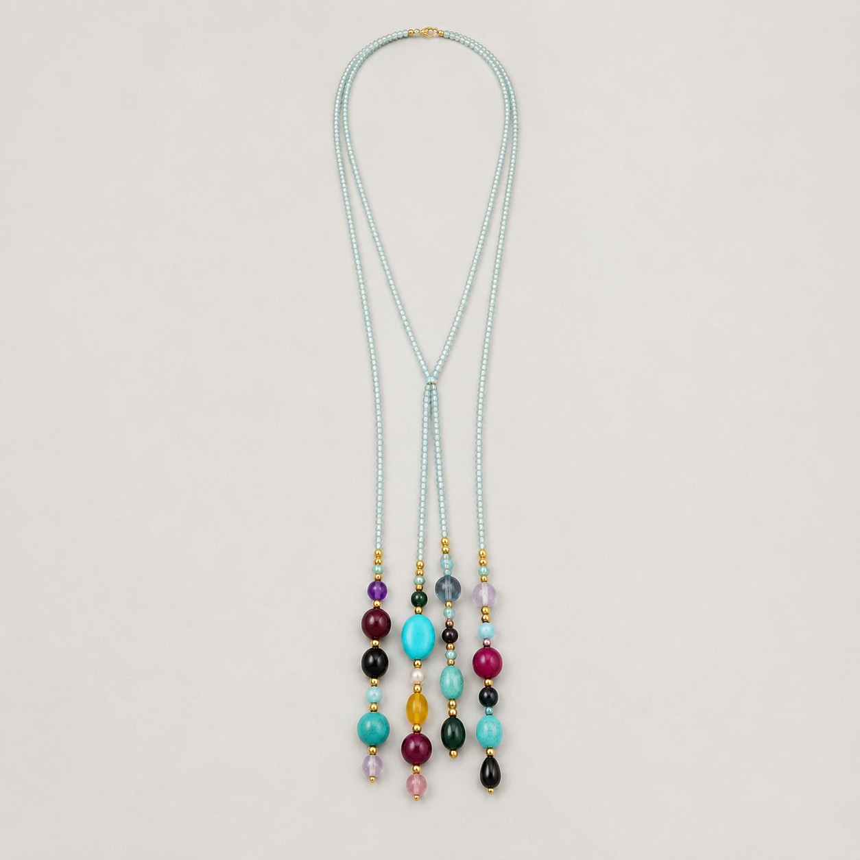 Handcrafted Aqua Blue Beaded Lariat Necklace | Multicolor Drops