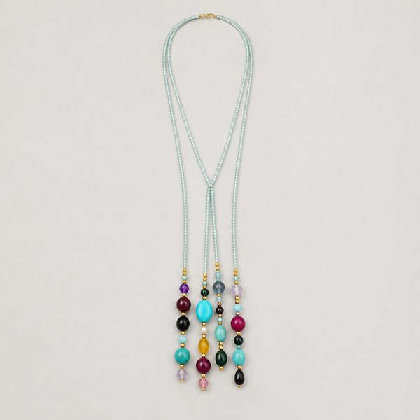 Handcrafted Aqua Blue Beaded Lariat Necklace | Multicolor Drops