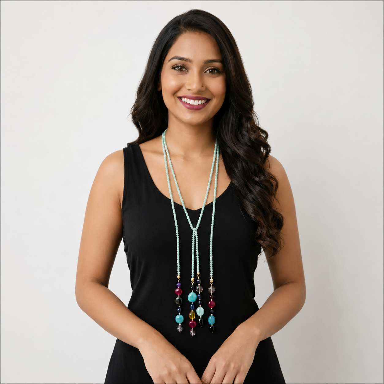 Handcrafted Aqua Blue Beaded Lariat Necklace | Multicolor Drops