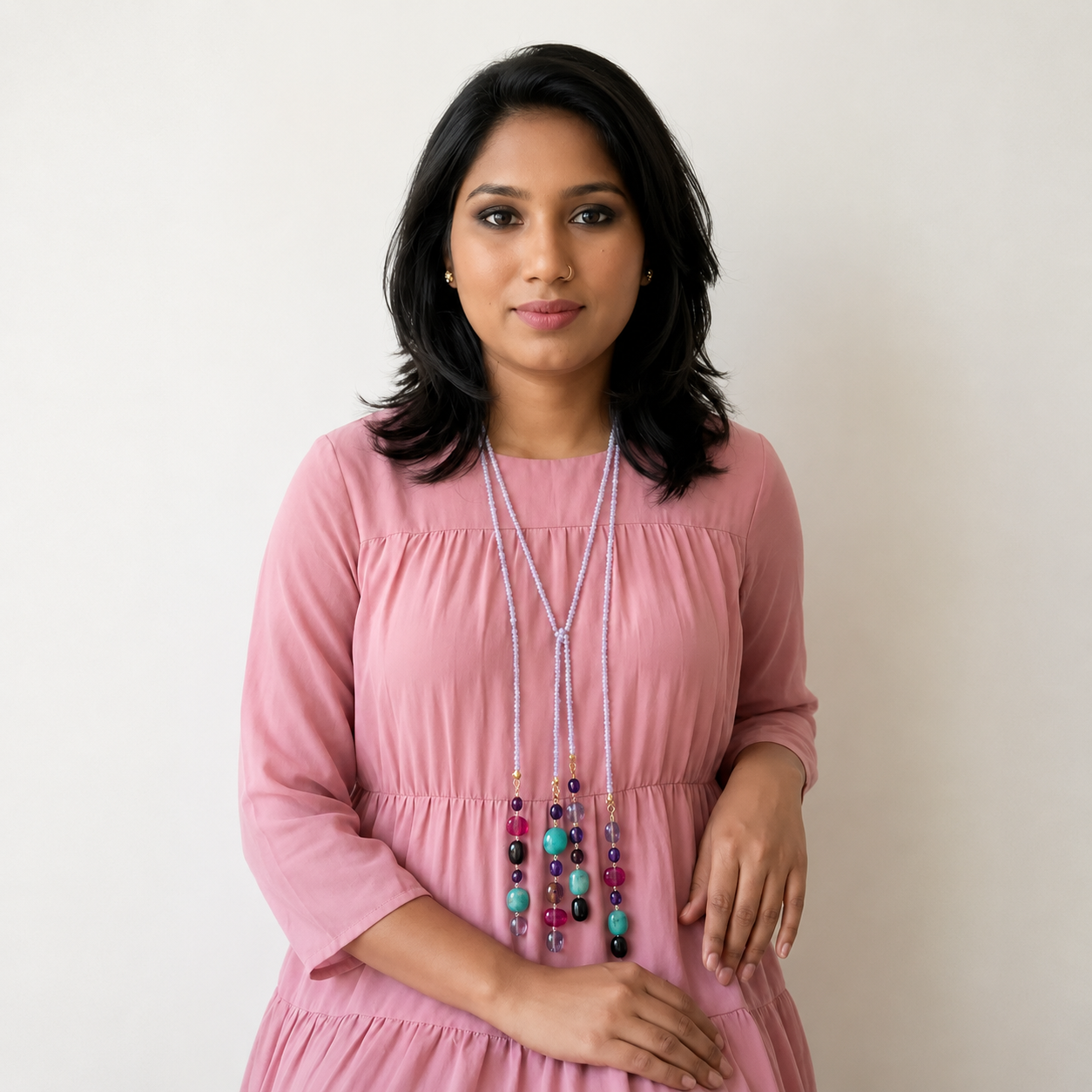 Handcrafted Aqua Blue Beaded Lariat Necklace | Multicolor Drops