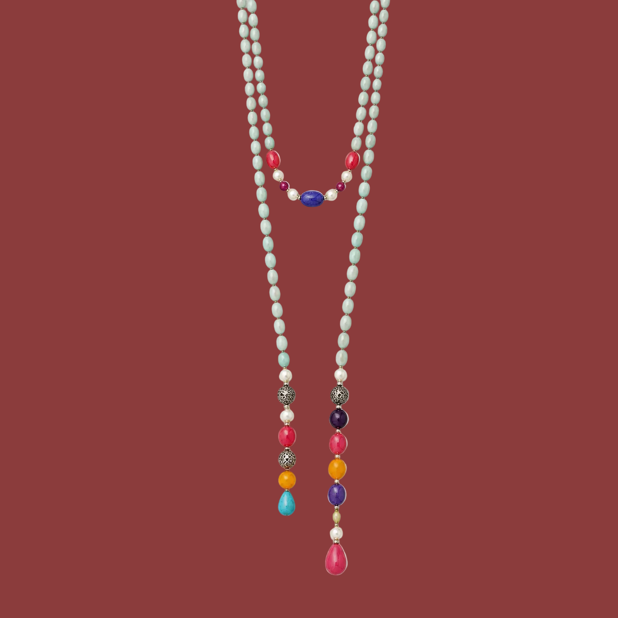 Boho Real Gemstone Beaded Lariat Necklace