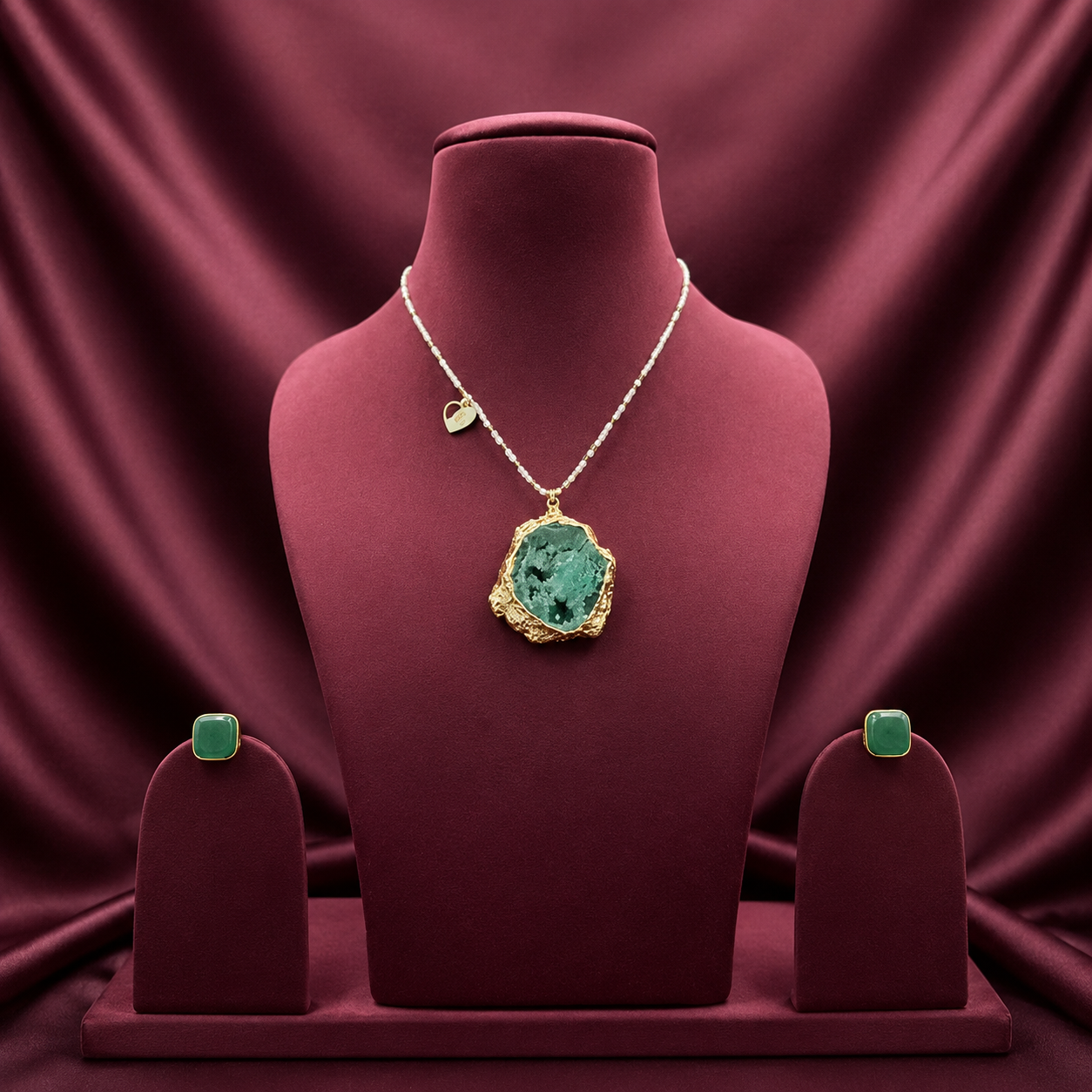 Natural Raw Malachite Geode Pendant Necklace Set With Green Stone Stud Earrings