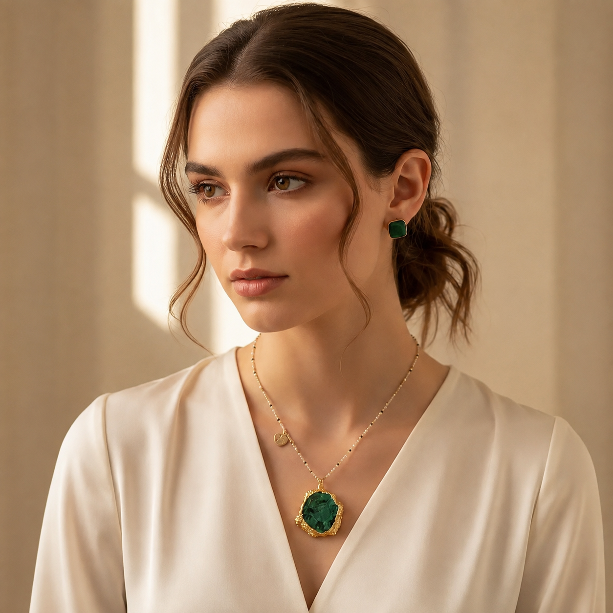 Natural Raw Malachite Geode Pendant Necklace Set With Green Stone Stud Earrings