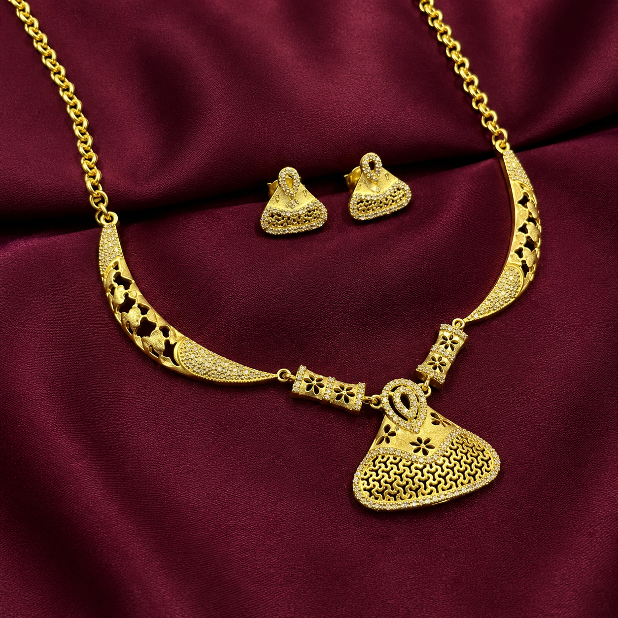 Floral Cutwork American Diamond Gold Plated Necklace And Earrings Set
