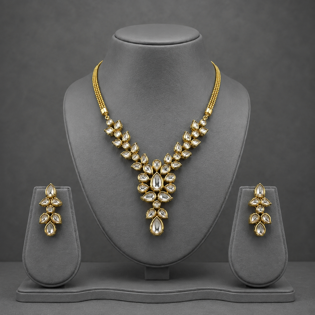 Royal Kundan Polki Gold Plated Necklace And Drop Earrings Set