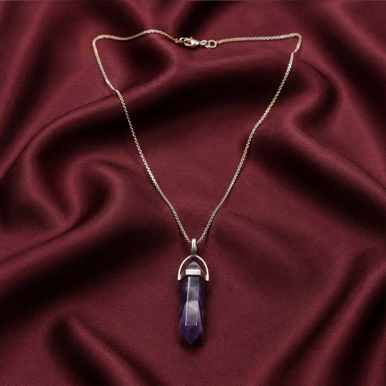 Amethyst Crystal Point Pendant Necklace | Natural Healing Stone With Dual Tone Anti Tarnish Chain