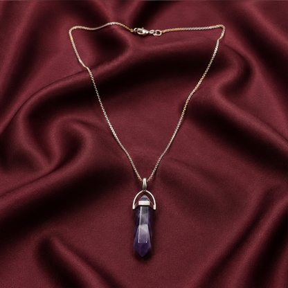 Natural Amethyst Crystal Point Pendant - Dual Tone Chain