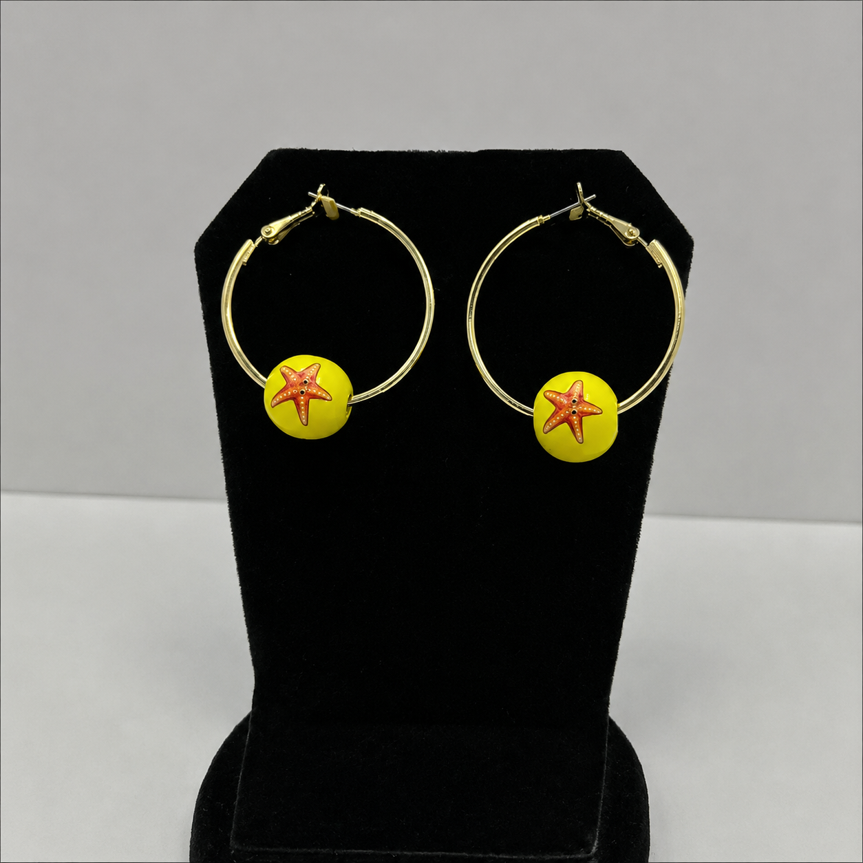 Starfish Hoop Earrings | Yellow Ocean Charm / Beach Hoops Statement Jewelry