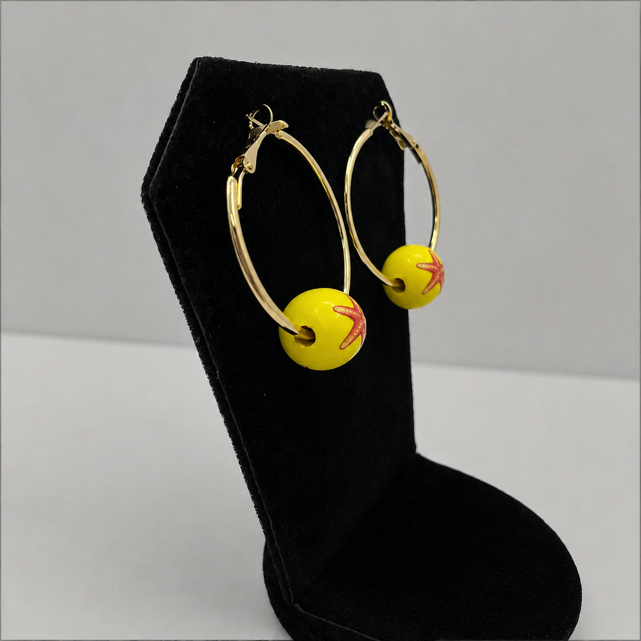Starfish Hoop Earrings | Yellow Ocean Charm / Beach Hoops Statement Jewelry