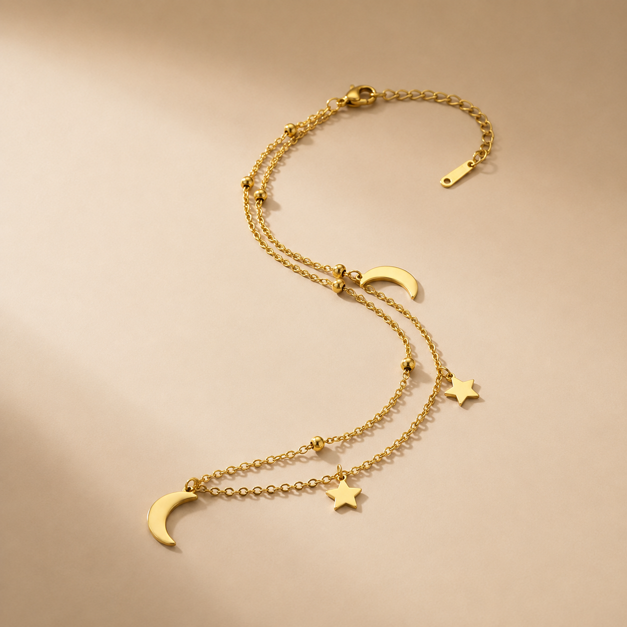 Layered Gold Moon And Star Anklet | Tarnish Resistant Minimalist Foot Jewelry