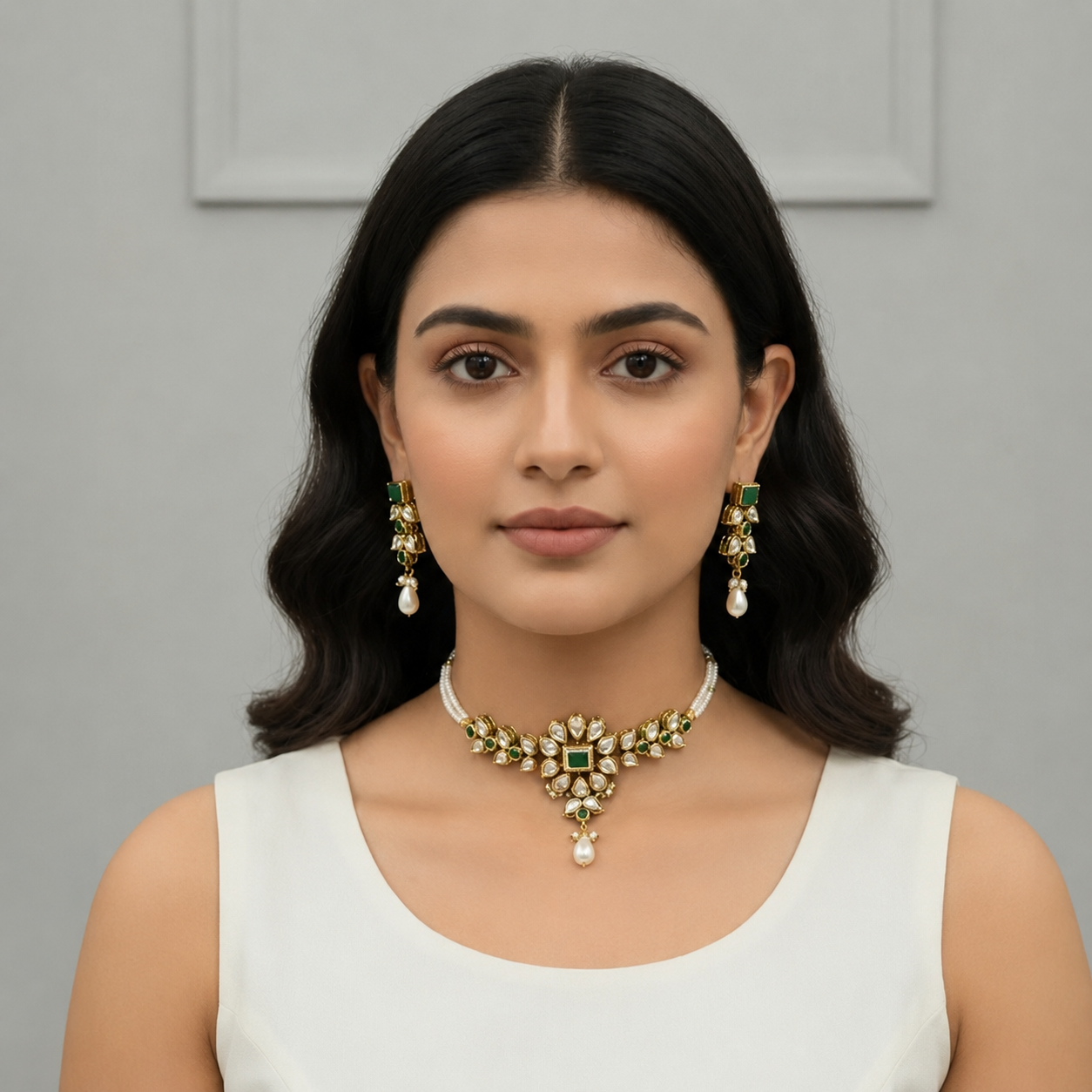 Royal Emerald Kundan Pearl Choker Set | Handcrafted Gold Polished