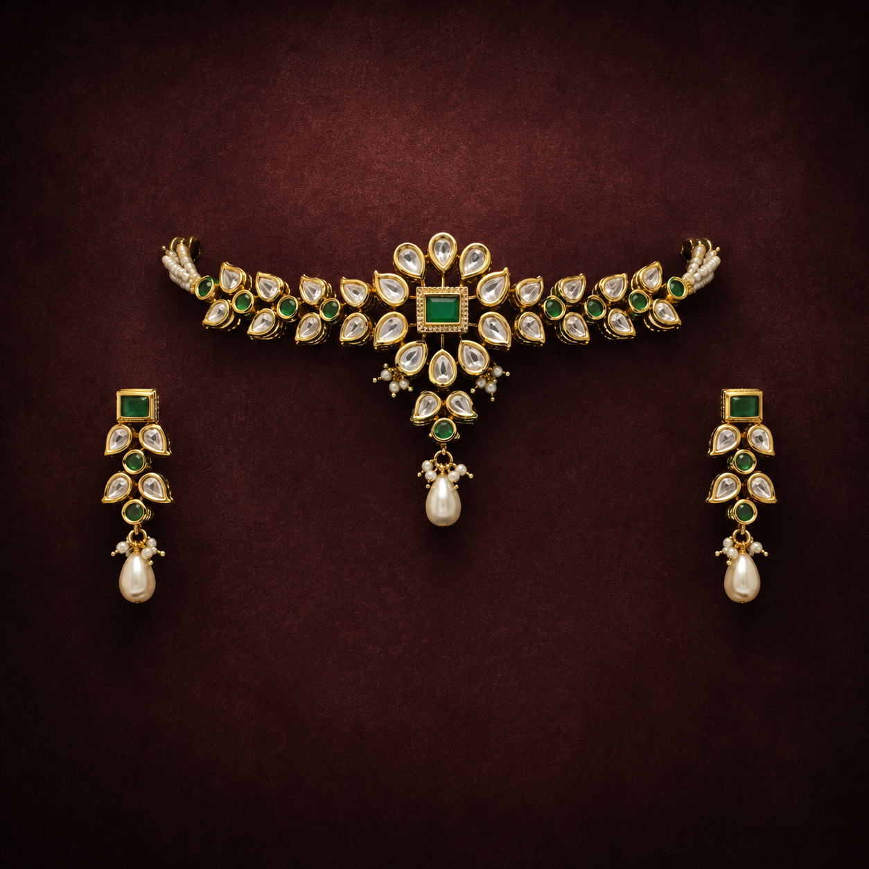 Royal Emerald Kundan Pearl Choker Set | Handcrafted Gold Polished