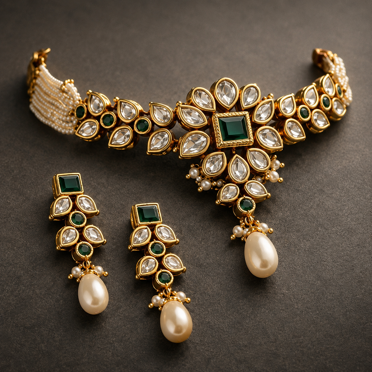 Royal Emerald Kundan Pearl Choker Set | Handcrafted Gold Polished