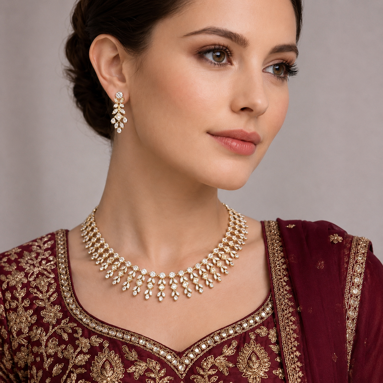 Elegant Bridal CZ Diamond Necklace Set - Marquise Leaf Motif Jewelry Set for Weddings