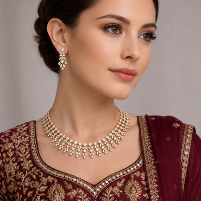 Premium Gold-Plated AD Crystal Bridal Fringe Necklace Set