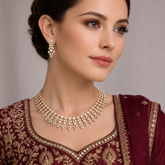 Premium Gold-Plated CZ Crystal Bridal Fringe Necklace Set