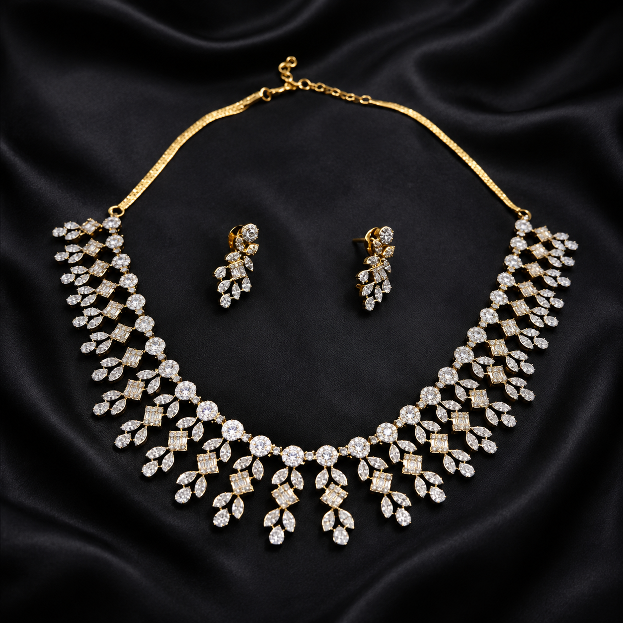 Elegant Bridal CZ Diamond Necklace Set - Marquise Leaf Motif Jewelry Set for Weddings