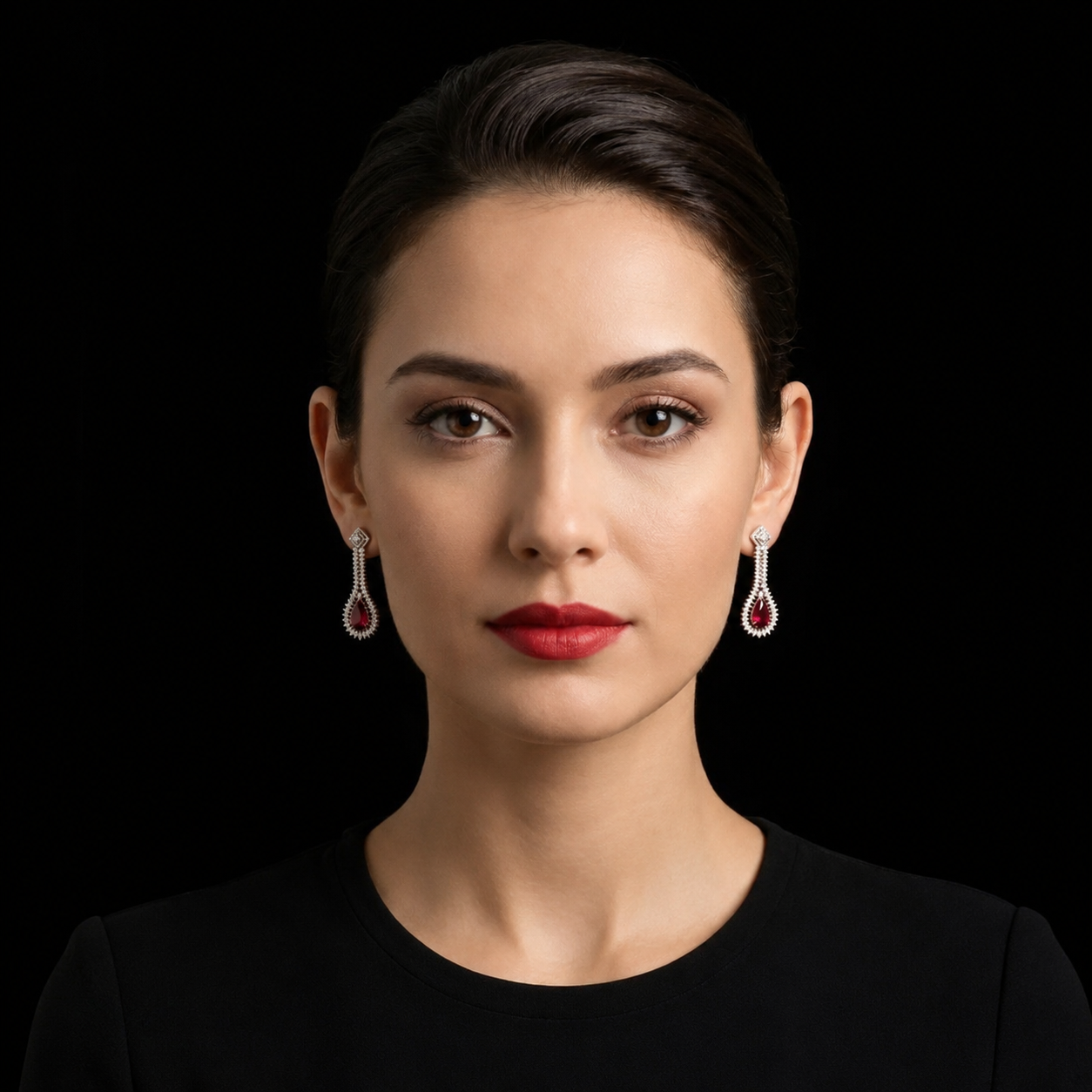 Teardrop Ruby Red Statement Dangle Earrings with Crystal Halo