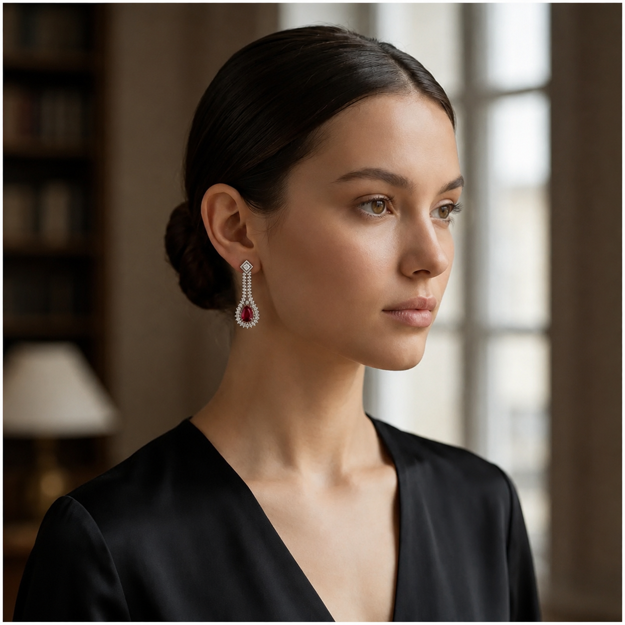 Teardrop Ruby Red Statement Dangle Earrings with Crystal Halo