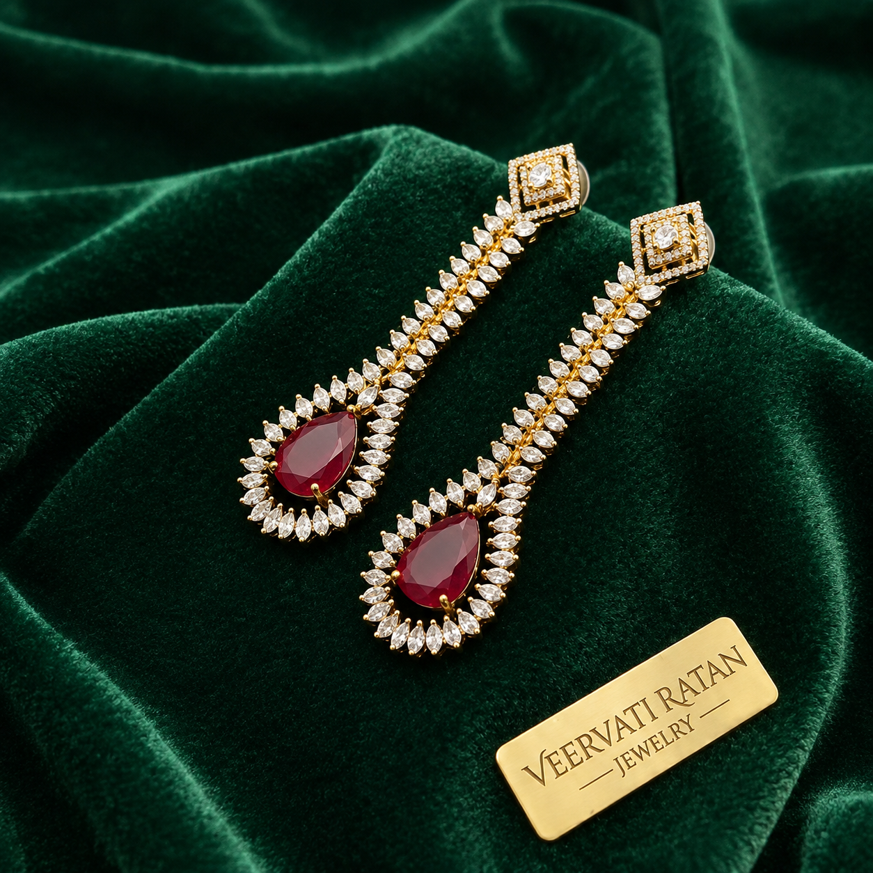 Teardrop Ruby Red Statement Dangle Earrings with Crystal Halo
