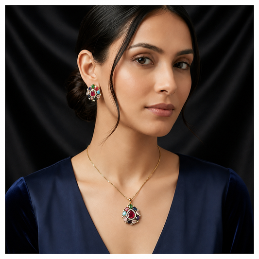 Multi-Gemstone Pendant & Stud Earring Set | Floral Jewelry