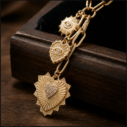 Triple Heart & Evil Eye Paperclip Chain Necklace