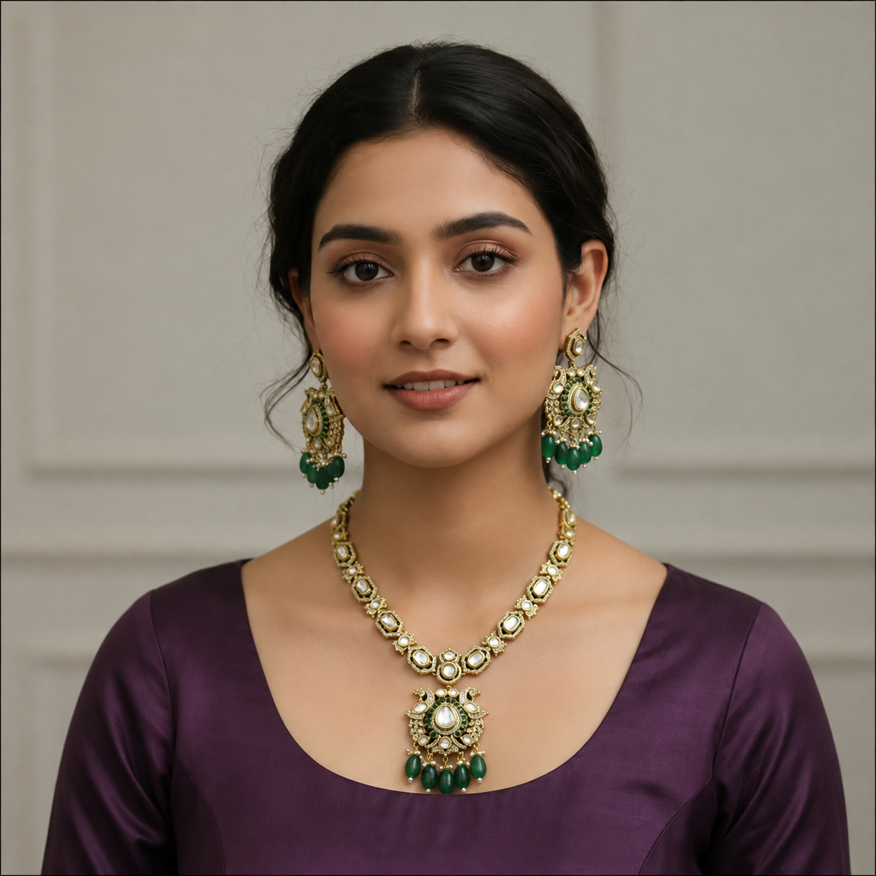 Royal Emerald Kundan Polki Bridal Set with Chandelier Earrings