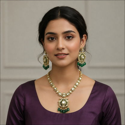 Royal Emerald Kundan Polki Bridal Necklace Set with Chandelier Earrings