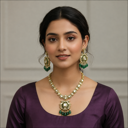Royal Emerald Kundan Polki Bridal Set with Chandelier Earrings