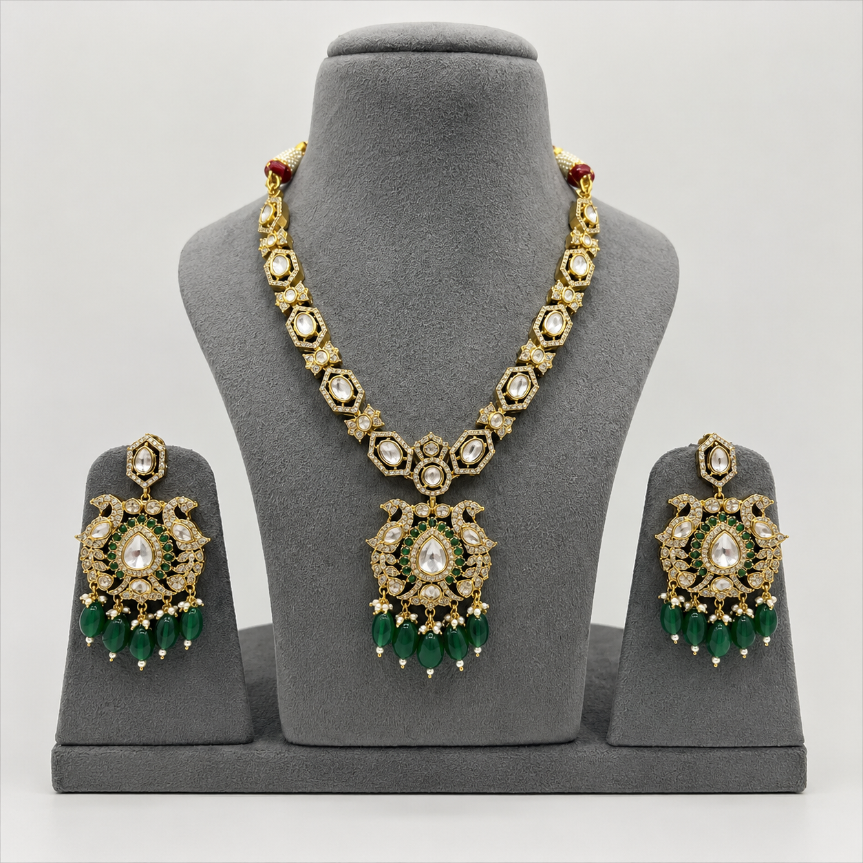 Royal Emerald Kundan Polki Bridal Set with Chandelier Earrings