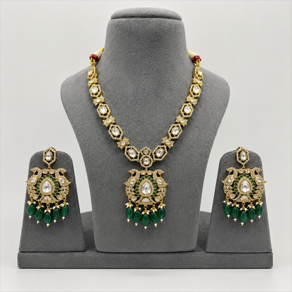 Royal Emerald Kundan Polki Bridal Necklace Set with Chandelier Earrings