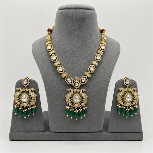 Royal Emerald Kundan Polki Bridal Set with Chandelier Earrings