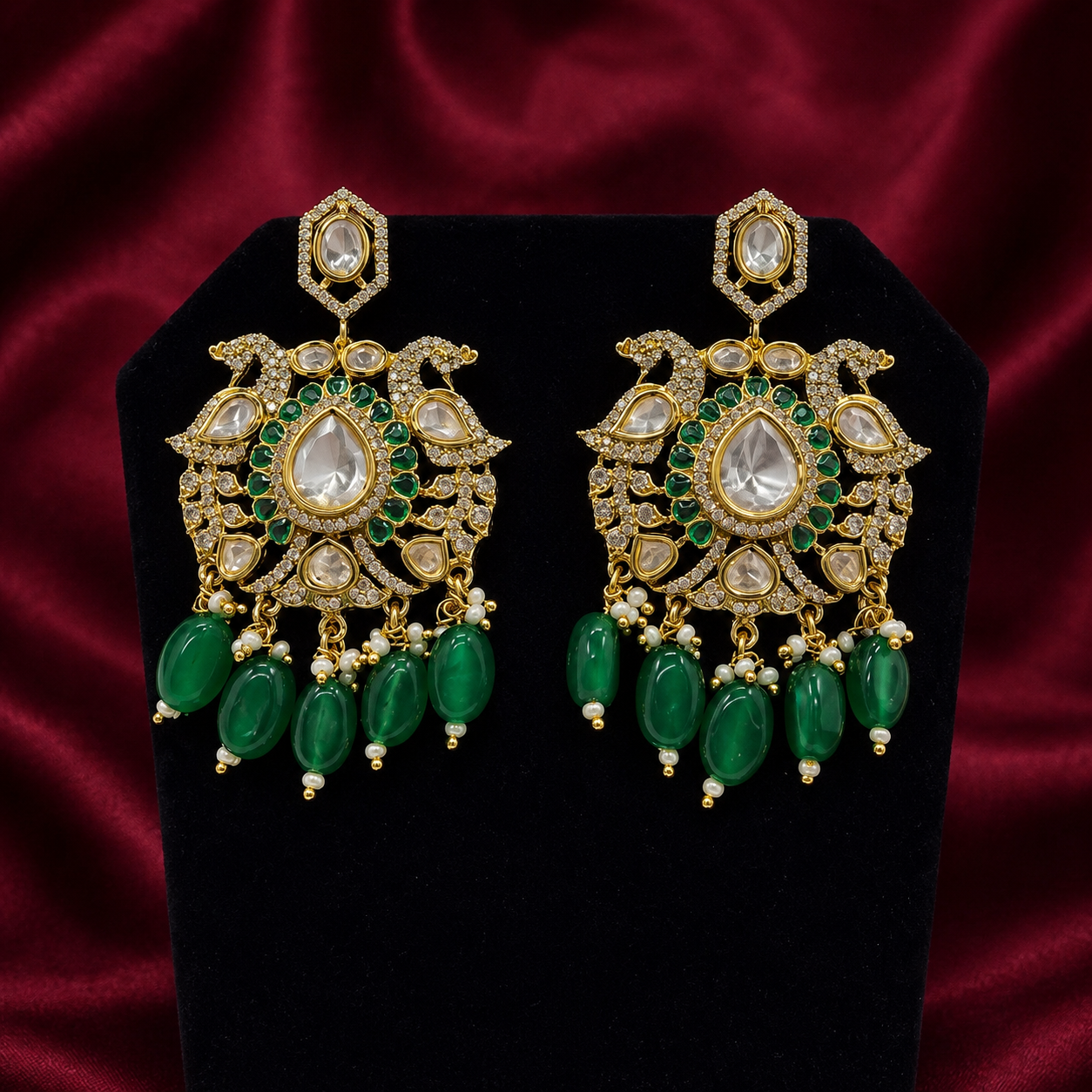 Royal Emerald Kundan Polki Bridal Set with Chandelier Earrings