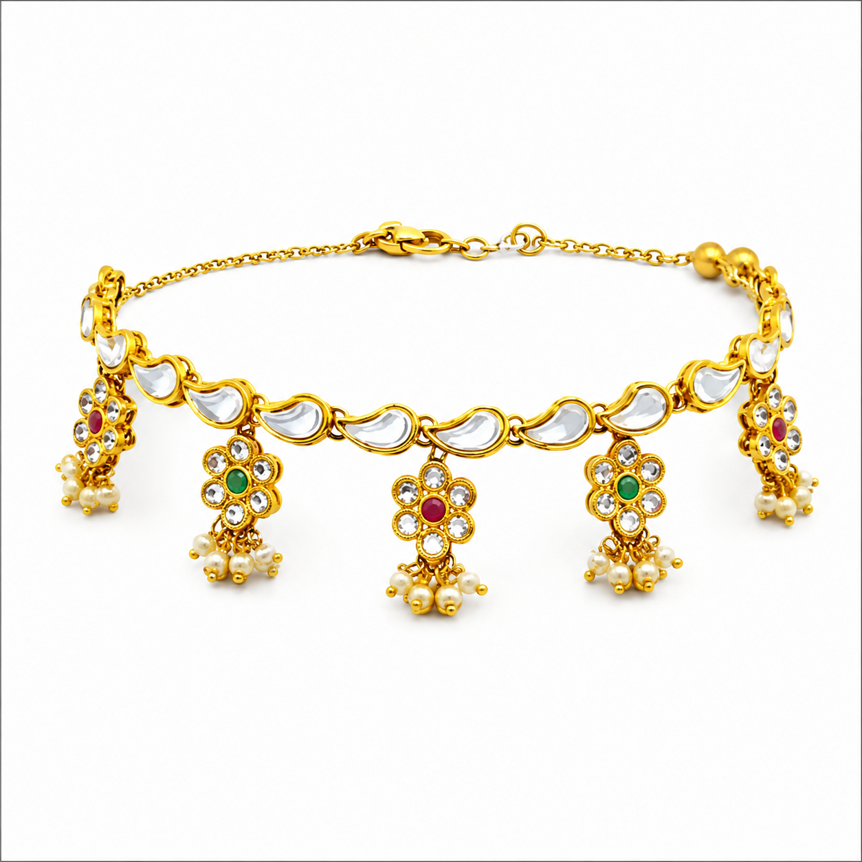 Traditional Kundan Meenakari Floral Anklet | Pearl Drop Payal