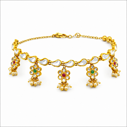 Traditional Kundan Meenakari Floral Anklet | Pearl Drop Payal