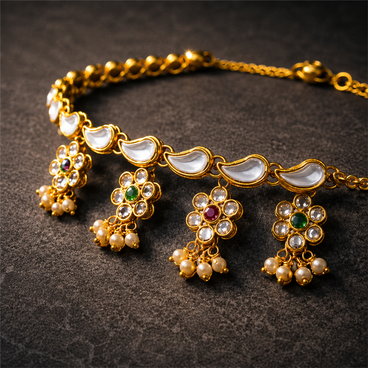 Traditional Kundan Meenakari Floral Anklet | Pearl Drop Payal