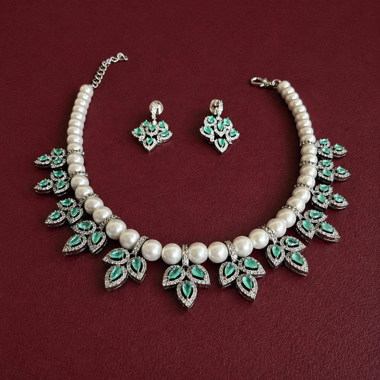 Mint Marquise American Diamond & Pearl Statement Necklace Set
