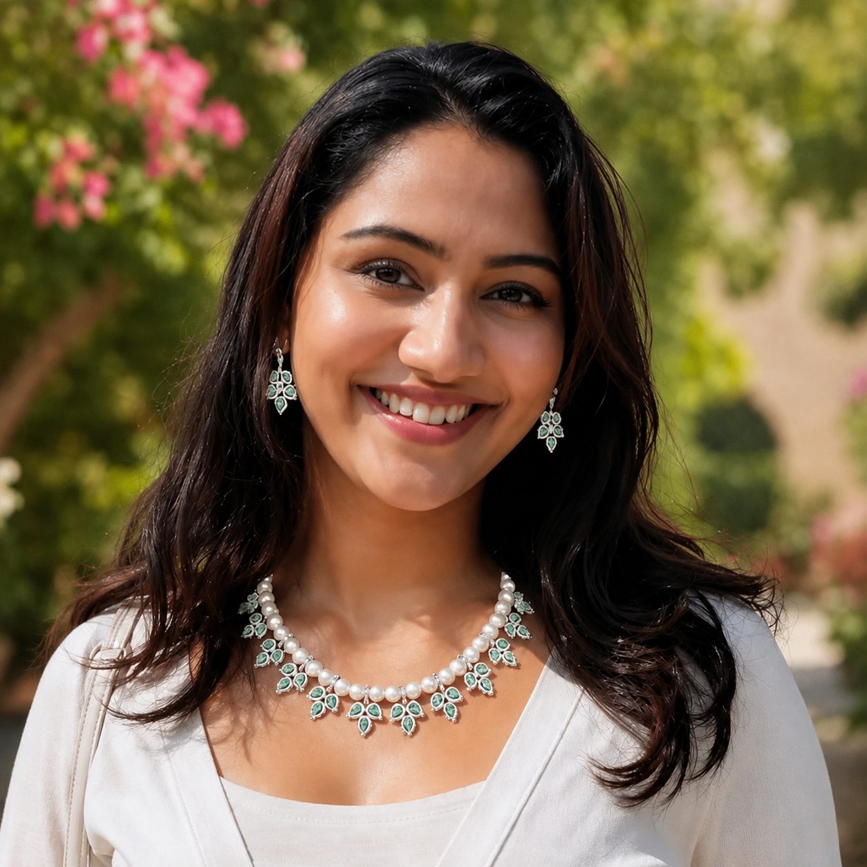 Mint Marquise American Diamond & Pearl Statement Necklace Set