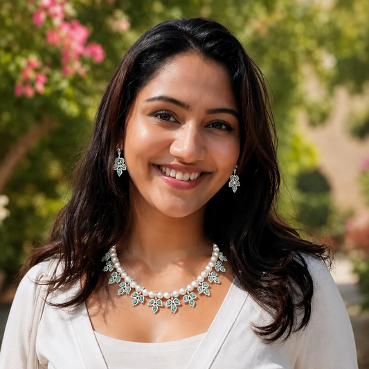 Mint Marquise American Diamond & Pearl Statement Necklace Set