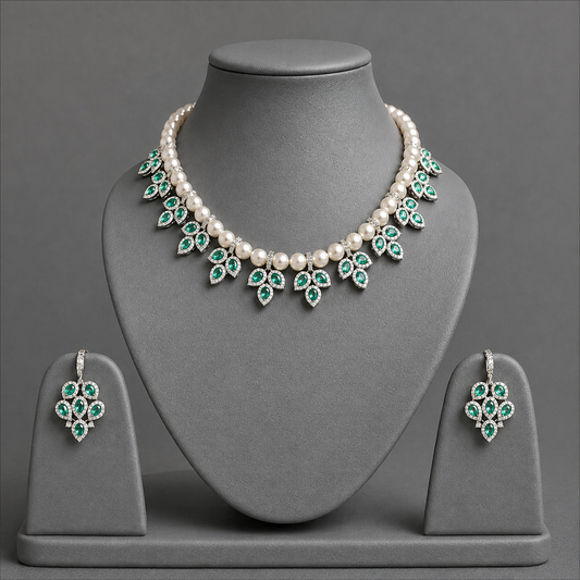 Mint Marquise American Diamond & Pearl Statement Necklace Set