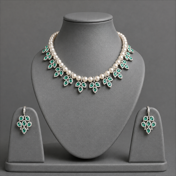 Mint Marquise American Diamond & Pearl Statement Necklace Set